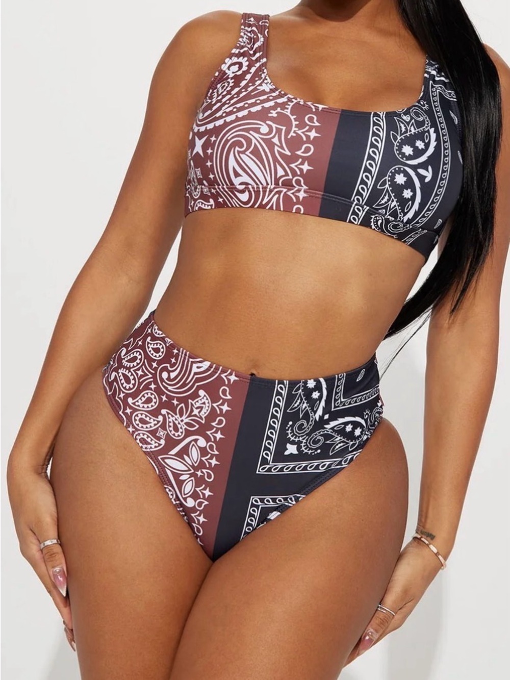 Fashion Nova Bandana Print High Waisted Bikini Set - Black & Brown - Picture 3 of 6